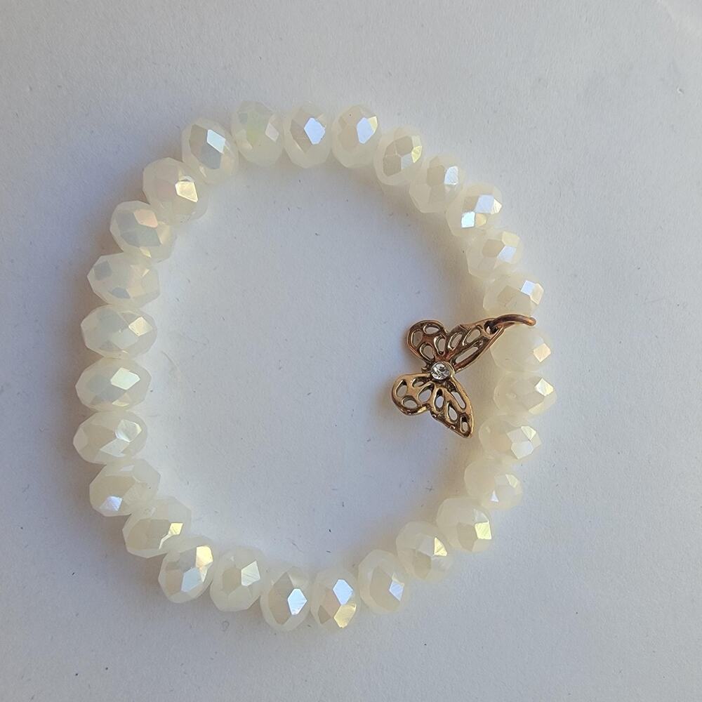 White Beaded Bracelet Gold Butterfly Charm Stretch Nature Jewelry 7in Cute Gift